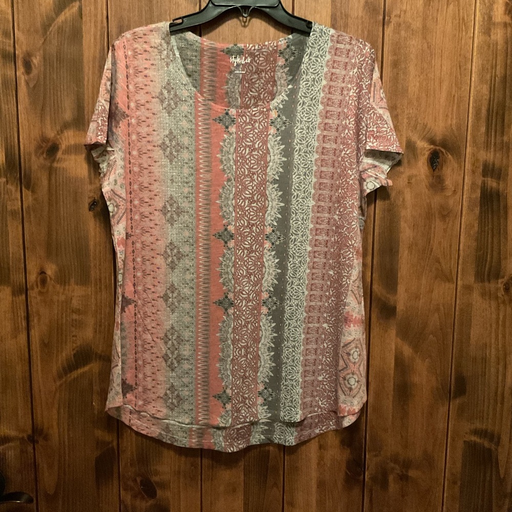 Style & Co. Pink and Gray Striped Pattern Short Sleeve Knit Top
